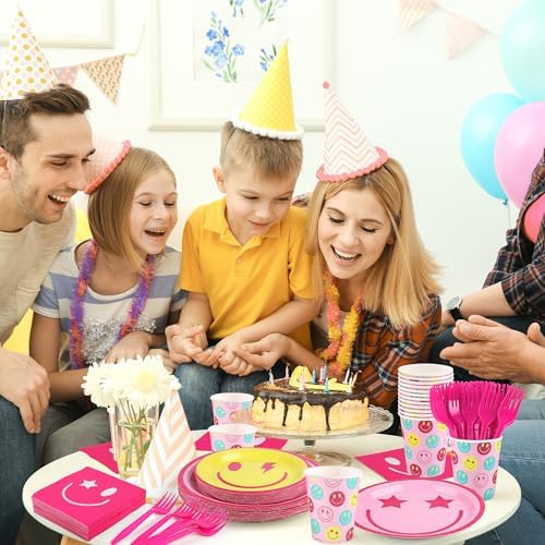 Kochorie 144 Pieces Preppy Smile Party Tableware Sets Including Disposable Plates Napkins Cups Forks Serves 24 for Smile Face Party Birthday Baby Shower Decor Party Supplies - Image 6