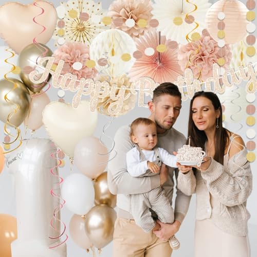 Champagne-Gold Beige Fall Boho Birthday Party Decorations 62pcs Happy Birthday Banner, Peach White Paper Lanterns, Streamers, Tissue Pom Poms, Blush Beige Boho Party Balloons, Rustic Backdrop Decor - Image 5