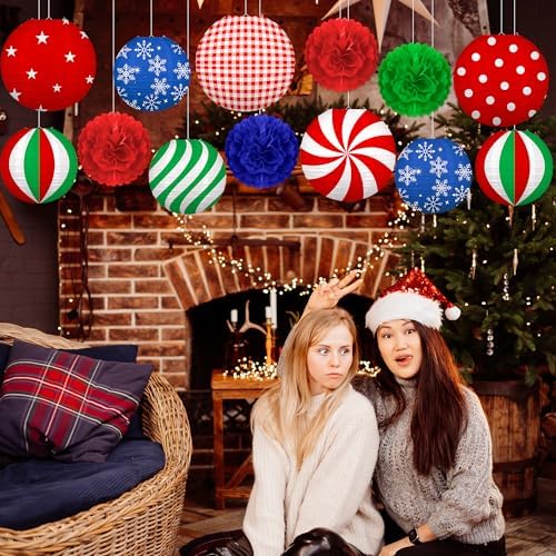 13PCS Christmas Decorations Ornaments Set – 9 Red Green Blue Hanging Paper Lanterns, 4 Pom Poms for Indoor, Home, Xmas Party, Porch Decor - Image 2