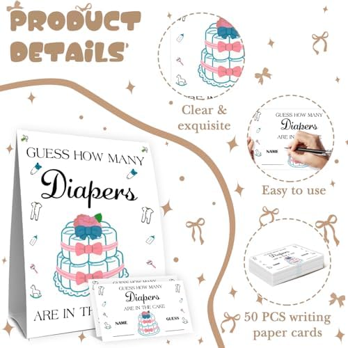 Diapers Baby Shower Decorations,Diaper Cake Birthday Party Game & Activities 50 Cards and Sign - Image 3
