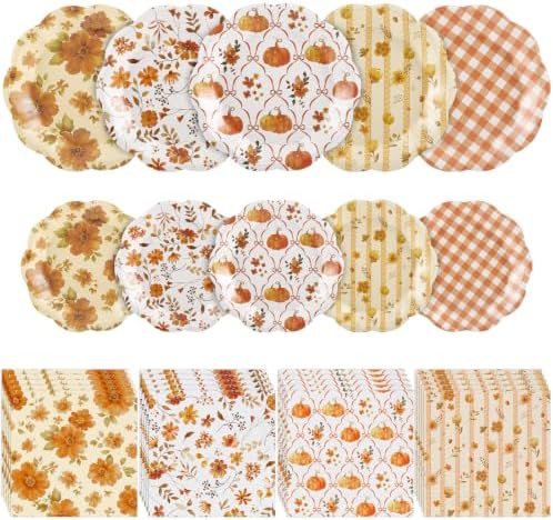 NatNarr 150 Pcs Fall Plates and Napkin, Orange White Fall Floral Dinnerware by NatNarr