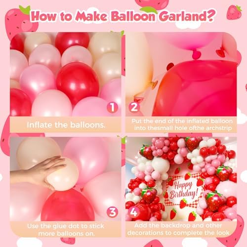 Strawberry Balloons Garland Arch Kit 163pcs with 27" Strawberry Foil Balloons, Red and Pink white Balloons for Sweet Girl Berry First Birthday Themed Baby Shower Strawberry Party Decorations - Image 3