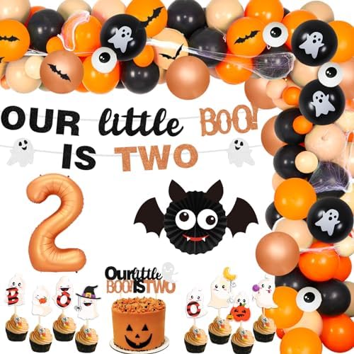 Our Little Boo Is Turning Two Decorations Halloween 2nd Birthday Two Spooky Orange Black Balloon Arch Number 2 Foil Balloon Banner Cake Cupcake Toppers Halloween Spider Decorations by kreat4joy