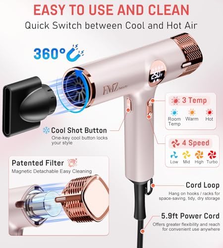 FMZ Ionic Hair Dryer with Diffuser, 1875W High-Speed LED Display Blow Dryer - Image 4