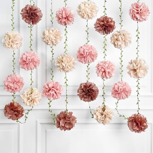 Dusty Pink Party Decorations Rose Gold Dusty Pink Beige Tissue Paper Flowers Pom Pom with Leaf Ribbon Hanging Garland Streamer for Birthday Wedding Shower Bridal Shower Engagement Party Supplies by pinkblume