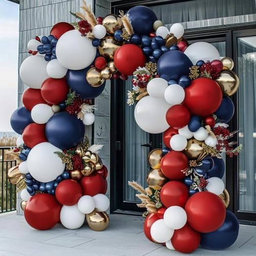Red White Blue Balloon Arch Double Stuffed, Navy Blue Dark Ruby Red Balloon Garland Kit with Latex Gold for Birthday 4th Of July Patriot Independence Day Veterans Day New Year Christmas Party Decor by Partycus
