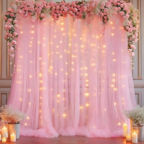 10x10ft Baby Pink Tulle Backdrop Curtain with Lights String for Parites, Sheer Photo Backdrop Curtains with Lights for Wedding Backdrop Ceremony Reception Bridal Shower Baby Shower Birthday Party by PartyTalk