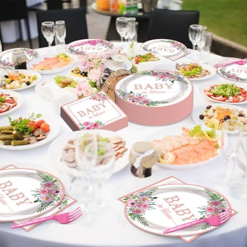 gisgfim 50 Guests Baby in Bloom Party Supplies Baby In Bloom Floral Plates and Napkins Plastic Forks Girl Floral Tableware Pink Flower Paper Plates for Birthday Party 200PCS - Image 5