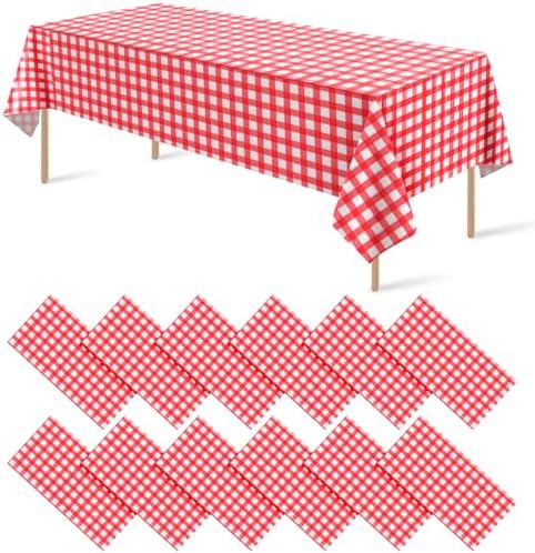 12 Pack Red and White Plastic Checkered Tablecloth, Premium Decorative Disposable Red Gingham Plaid Table Cloths for Parties, Rectangle Party Table Cover for Picnic Farm Birthday Wedding, 54x108 Inch by RAGNHILD