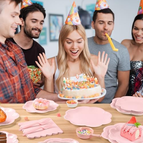 96 Pcs Pink Paper Plates and Napkins Set Pink Party supplies for 24 Guest Including Scalloped Disposable Dessert Paper Plates Napkins Plastic Forks for Baby Shower Mother's Day Wedding Easter - Image 6