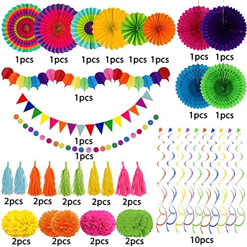 ZERODECO Party Decorations, 41 Pcs Multicoloured Papar Fans Pompoms Garlands String Tissue Paper Tassel for Fiesta Mexican Theme Cinco De Mayo Coco Carnivals Festivals Birthday Party - Image 2