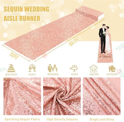 FUHSY Aisle Runners for Weddings Sequin Aisle Runner Rug 2FTx15FT Rose Gold Carpet Runner Wedding Runners Aisle Indoors Sparkle Wedding Aisle Runway Rug Outside Aisle Runner for Church Decoration - Image 2