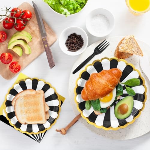 96PCS Black Party Paper Plates with Gold Scalloped Edge, Black Scalloped 9inch 7inch Dessert Paper Plates Party Supplies for Birthday Bridal Shower Picnic, Serve for 24 Guests, Striped - Image 7