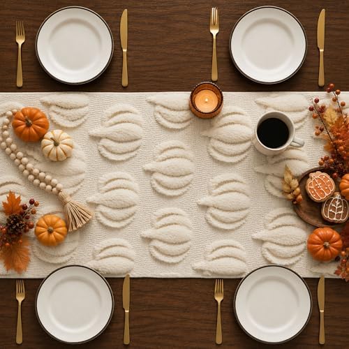 Fall Table Runner 13x48 Inch Soft Plush Faux Fur Jacquard Beige Pumpkin Table Runner, Seasonal Autumn Kitchen Dining Table Decoration for Home Party Decor ZR009A48 - Image 3
