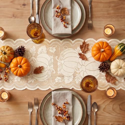 Artoid Mode Beige Lace Jacquard Pumpkin Leaf Fall Table Runner 13x72 Inch - Image 3