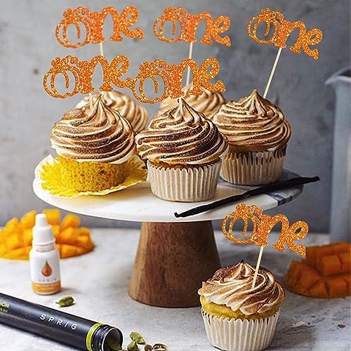 24Pcs Pumpkin One Cupcake Toppers Glitter First Birthday Pumpkin Cupcake Picks for Fall Theme Baby Shower Kids 1st Birthday Party Cake Decorations Supplies Orange - Image 7
