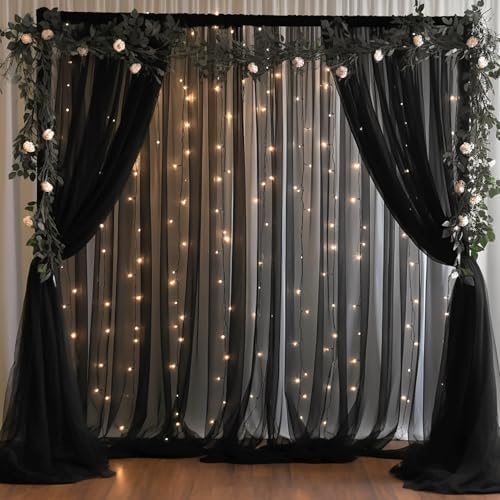 20x10ft Black Tulle Backdrop Curtain with Lights String for Parites, Sheer Photo Backdrop Curtains with Lights for Wedding Backdrop Ceremony Reception Bridal Shower Baby Shower Birthday Party by PartyTalk