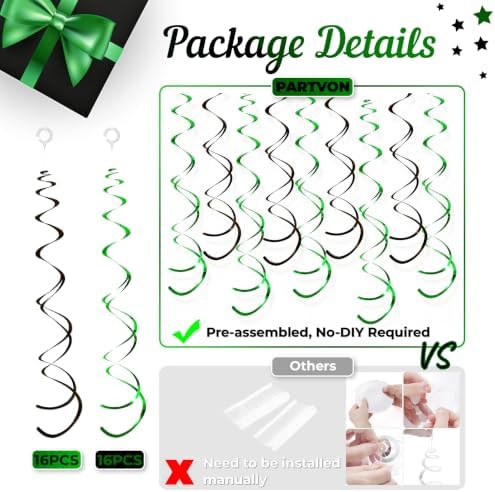 32 PCS Green Black Hanging Swirl Decorations, Sparkle Ceiling Swirls with Plastic Streamers for Graduation, Birthday, Sports Team, Alien Theme Party - Image 4