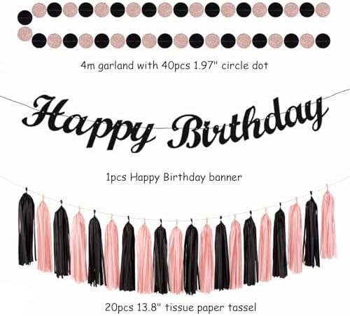 Blush-Pink Black Happy-Birthday Banner Party-Decorations - 31pcs 14th 40th Rose Gold Women Girls Paper Lanterns Streamers,Tissue Paper Flowers Pom Poms Fans Tassel Garland Sign Decor Backdrop Hugmoon - Image 3