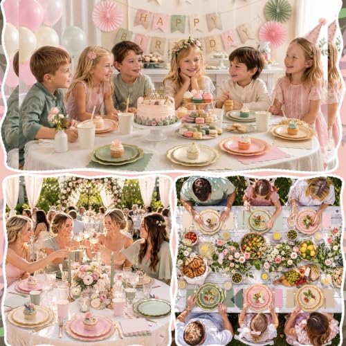72 Pcs 24 Guests Sage Green and Pink Paper Plates and Napkin Party Supplies - Image 6
