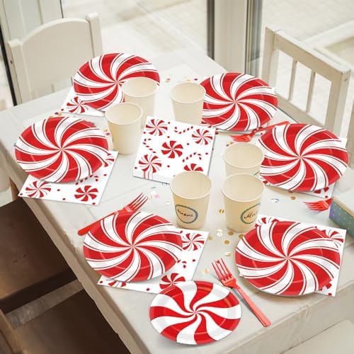 96pcs Christmas Peppermint Candy Paper Plates Party Supplies Tableware Set Candy Mint Party Supplies for Holiday Xmas Red and White Striped Peppermint Disposable Dinnerware Decorations 24 Guest - Image 5