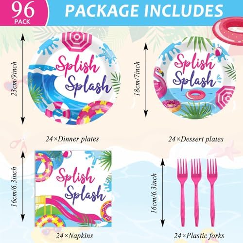 CHUNNIN 96Pcs Pink Splish Splash Plates and Napkins Summer Pool Birthday Party Decorations Splish Splash Bash Dessert Plates Summer Beach Tableware for 24 Guests Girls Hawaiian Party Supplies - Image 2