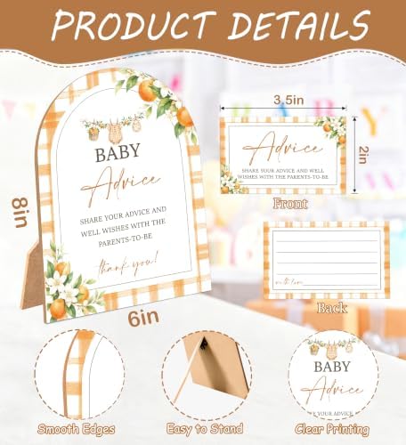A Little Cutie Baby Shower Games, Orange Advice For Parents To Be, 6x8 Inch Arch Wooden Sign With Stand And 50 Advice Cards, Gender Reveal Party Supplies & Decorations -LN09 - Image 2