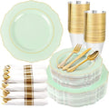 Liacere 350PCS Light Green Plates - Disposable Green and Gold Plastic Plates 50guest Baroque Dinnerware include 100Plates,50Pack Pre Rolled Napkins with Silverware 50Cups for Wedding ＆ Party & Spring by Liacere
