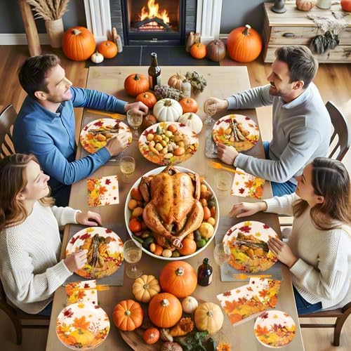 100 Pcs Thanksgiving Plates and Napkins Sets - Fall Pumpkin Maple Leaf Round Tableware, Disposable Thanksgiving Paper Plates and Napkins Forks for Thanks giving Party Supplies Table Decor, Serves 25 - Image 6