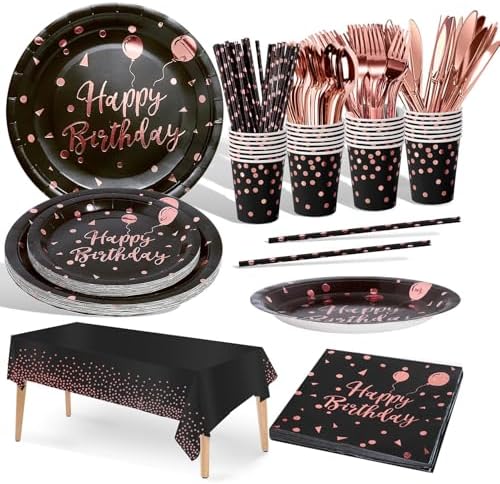 Nkaiso 161 Pcs Black Rosegold Birthday Plates and Napkins Set -20 Serves by Nkaiso