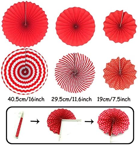 ZERODECO Party Decoration, 21 Pcs Red Hanging Paper Fans Pom Poms Flowers, Garlands String and Triangle Bunting Flags for Birthday Parties Baby Showers Wedding - Image 2