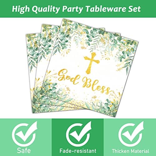 96 Pieces God Bless Party Plates Baptism Theme Party Decorations First Holy Communion Paper Plates and Napkins Mi Bautizo Eucalyptus Leaves Sage Disposable Dessert Tableware Set Supplies 24 Guests - Image 3