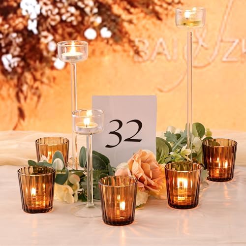 NITIME 24Pcs Vintage Ribbed Amber Votive Candle Holders, Fall Centerpieces for Tables, Tealight Candle Holder for Thanksgiving, Wedding Decor, Boho Home Decor and Christmas Decor - Image 5