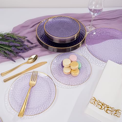 Rubtlamp 175 Pcs Purple Plastic Dinnerware Set (25 Guests), Clear Purple Plates With Gold Rim, Hammered Party Platos, Plates And Cups And Napkins Sets for Wedding, Party&Graduation - Image 6