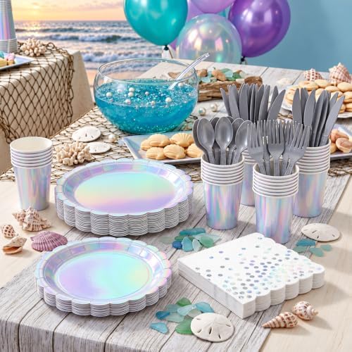 Iridescent Party Dinnerware Set, 175 Pcs Scalloped Paper Plates, Cups, Polka Dot Napkins and Plastic Cutlery, Serves 25 - Image 3