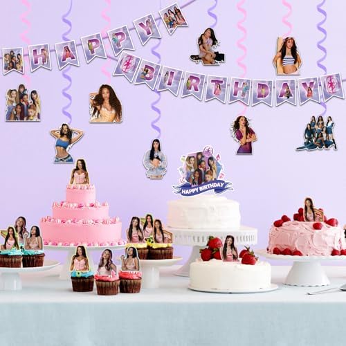 Birthday Party Decorations, Purple Pink Party Supplies Set with Happy Birthday Banner, Backdrop, Balloons, Hanging Swirls Cake Toppers and Cupcake Toppers for Fans Birthday Party - Image 6