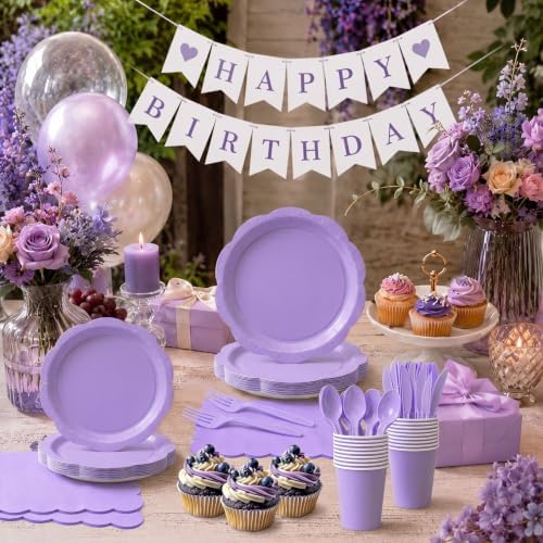 350 Pcs Lavender Party Supplies for 50 Guests, Elegant Paper Plates and Napkins Set with Cutlerys, Thickened 7'' & 9'' Decagonal Plates for Bridal Shower Tea Party Birthday - Image 5