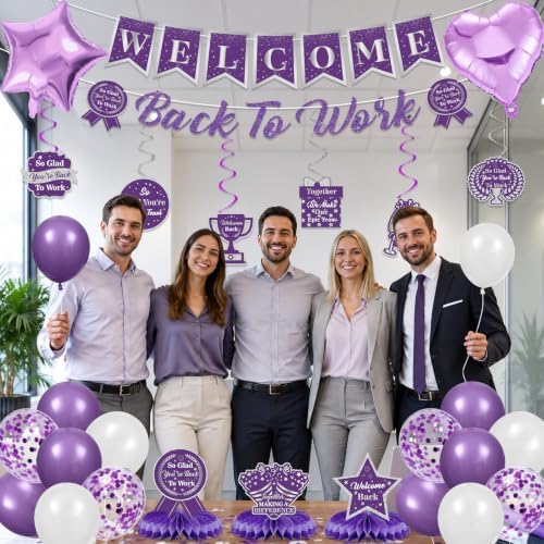 27pcs Welcome Back to Work Decorations Office Purple Welcome Back to Work Banner Balloons We Missed You So Much Backdrop Hanging Swirls Table Centerpieces Foil Balloons for Back to Work Office - Image 3