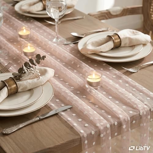 Artoid Mode Pink Gauze Flocking White Dots Table Runner 10FT,Seasonal Sheer Dining Table Decor for Wedding Anniversary Holiday Birthday Home Party - Image 4
