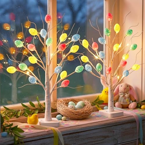 Vanthylit Easter Decorations, 2 Pack Lighted Easter Tree Battery Operated with Timer, 22 Inch LED Birch Tree with 36 Egg Ornaments Indoor Tabletop Centerpiece Light for Home Decor by Vanthylit