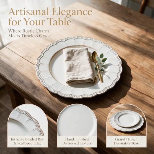 White Antique Charger Plates,13 Inch Metallic Chargers for Dinner Plates, Bead Rim Plastic Chargers For Dining, Wedding, Party,Shower. 6 Pack Decorative Holiday Tabletop Decor - Image 6