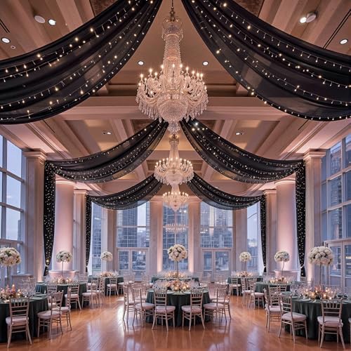 6 Panels Black Ceiling Curtains with Lights for Weddings - 5ftx20ft Wrinkle-Free Tulle Fabric Wedding Arch Draping Ceiling Drapes Decorations for Wedding Party Ceremony Stage Tent Event by Unknown