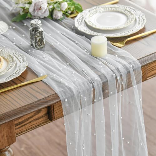Artoid Mode Pearl Gauze Table Runner 59x120 Inch , Seasonal Sheer Kitchen Dining Holiday Wedding Birthday Baby Shower Table Decor for Home Party by ArtoidMode