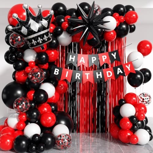 Red and Black Birthday Party Decorations 152Pcs, Red Black White Balloons Arch Kit with Banner Fringe Curtains for 16th 18th 21st 24th 32th 40th 50th 60th Birthday Decorations for Men by PTGOLUO