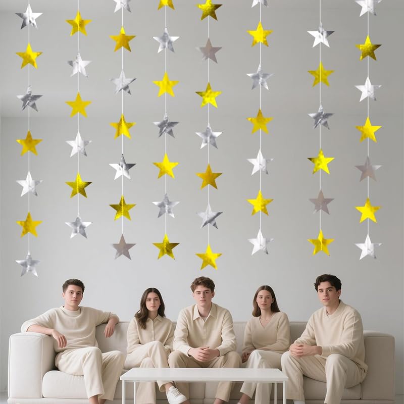 Gold Silver Shining Star Hanging Garland Gold and Silver Hanging Sparkling Star Streamer Glitter Bunting Banner Twinkle Backdrop for Wedding Baby Shower Birthday Christmas Decorations 40 Feet - Image 4