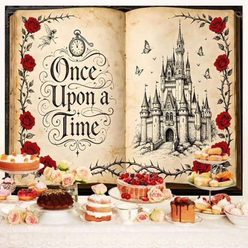 Fairy Tale Castle Book Backdrop 10x8ft Vintage Once Upon a Time Photography Background with Red Roses for Princess Themed Photoshoot Wedding Bridal Shower Photo Booth Props - Image 3