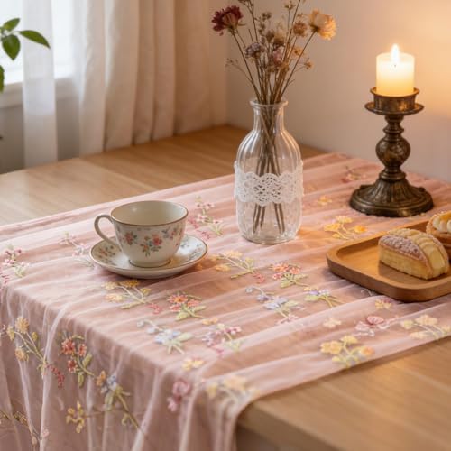 BINBE 1pcs Pink Florals Table Runner Embroidery Gauze 10FT Daisy Seasonal Tulle Birthday Wedding Holiday Kitchen Dining Table Decor for Home Party - Image 6