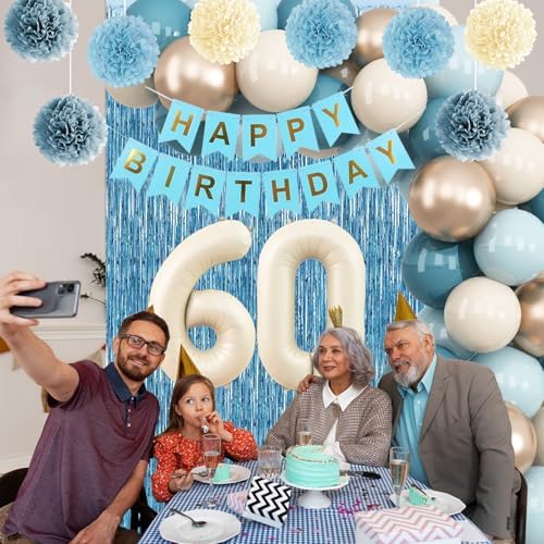 Dusty Blue 60th Birthday Party Decorations Men Beige Number 60 Balloon - Image 6