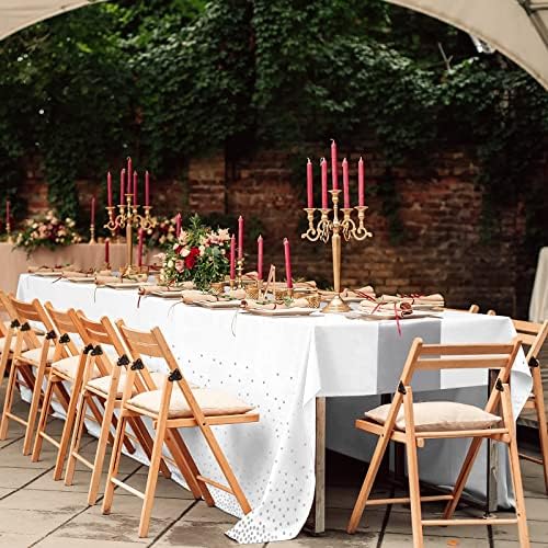 MASHAN 16Pack Disposable Plastic Tablecloths and Satin Table Runner Set White and Silver Dot Tablecloth Silver Satin Table Runner for Wedding Birthday Baby Shower Christmas New Year Party Decorations - Image 7