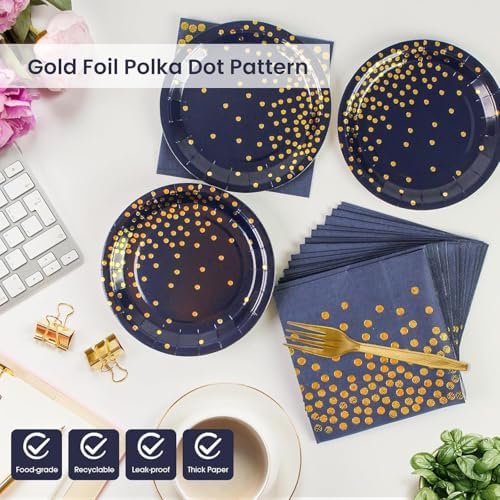 75PCS Blue and Gold Paper Plates and Napkins Party Supplies Blue Gold Dessert Plates Navyblue Napkins Disposable Paper Tableware Set for Birthday Retirement Baby Shower Parties Decor Serves 25 - Image 3